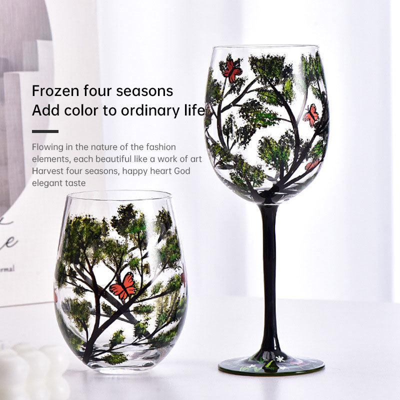 Light luxury ins crystal glass wine glass hand-painted household goblet four seasons painted wine glass eprolo