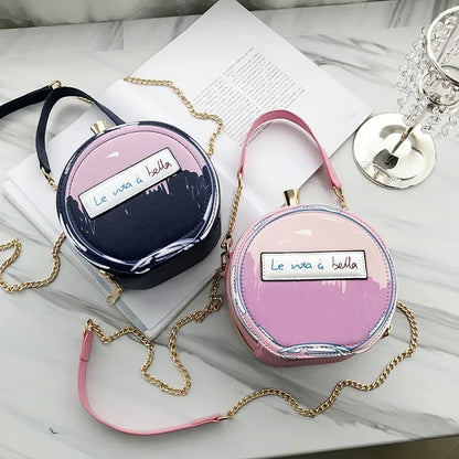 Round Letter Printed Perfume Bottle Pu Leather Casual Handbag Chain Purse Shoulder Bag - Shello's Creative Boutique