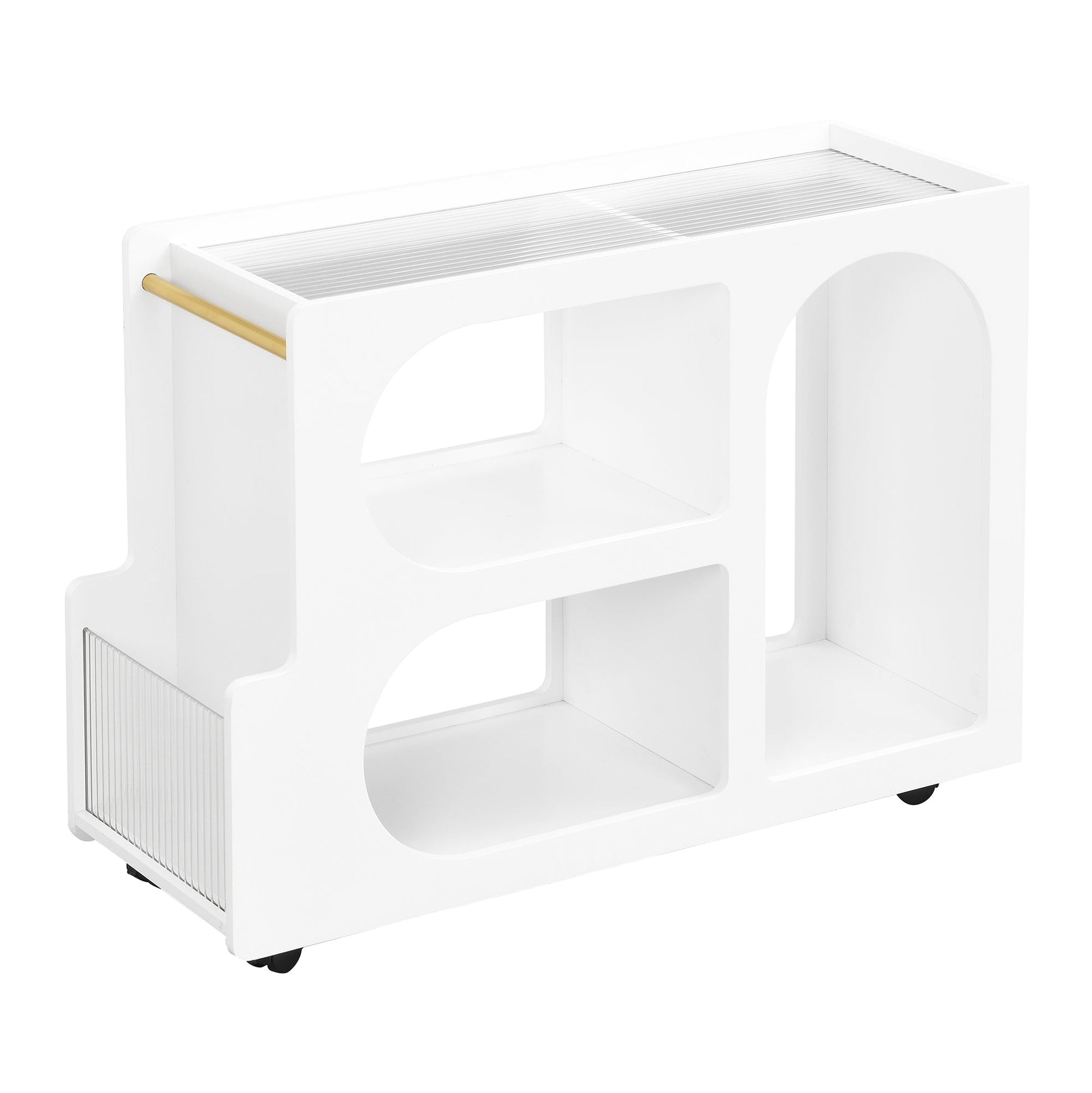 Stylish mobile desk with lockable wheels, white bedside table with 5mm thick grooved tempered glass and gold round bars eprolo