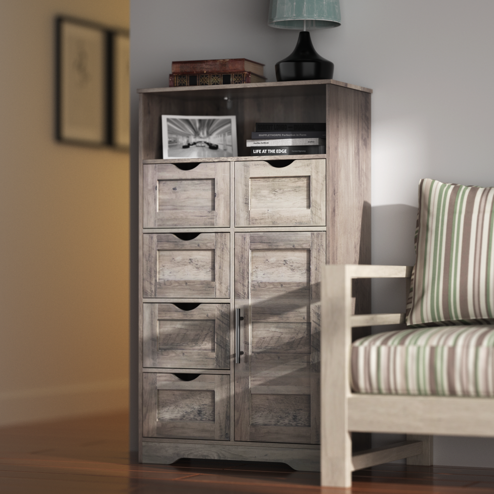 5 Drawers Storage Cabinet with Adjustable Shelves, Bathroom Cabinet with Doors, Floor Cabinet for Living Room Grey eprolo