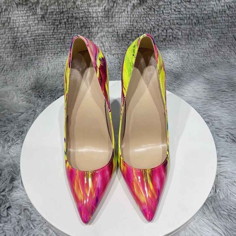 12cm heel Glossy Colourful Print Women Pointed Toe High Heels Stilettos Pumps