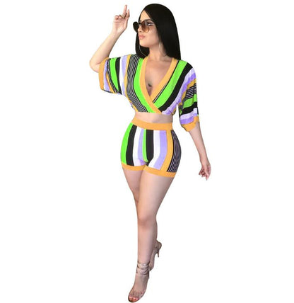 Women's Striped 2-Piece Summer Set - Chic Crop Top & Bodycon Shorts