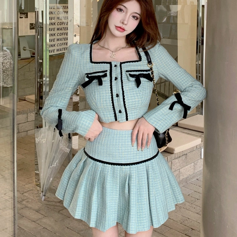 High Quality Fall Fashion Sweet Tweed 2 Piece Set Women Short Jacket Coat Crop Top + Skirts Sets Small Fragrance Two Piece Suits eprolo