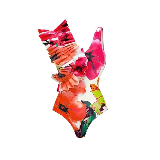 One Piece Swimsuit Skirt Shoulder Strappy Swimsuit Print Floral Swimwear Women Slimming Bathing Suit Beach Wear - Shello's Creative Boutique