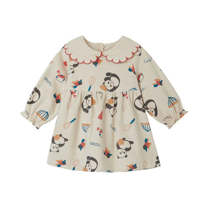 Autumn New Children's Clothing Girls Dress Long-Sleeved Korean Cartoon A-Line Skirt Lace Lapel Corduroy Skirt - Shello's Creative Boutique