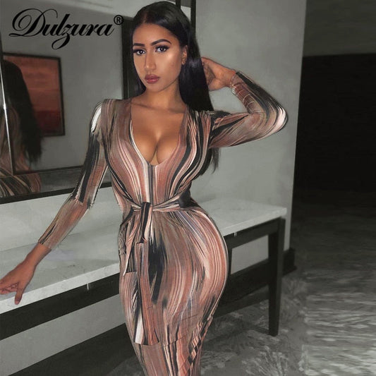Dulzura tie dye print women midi dress long sleeve bodycon sexy bandage bodycon sexy autumn winter clothes party dinner eprolo