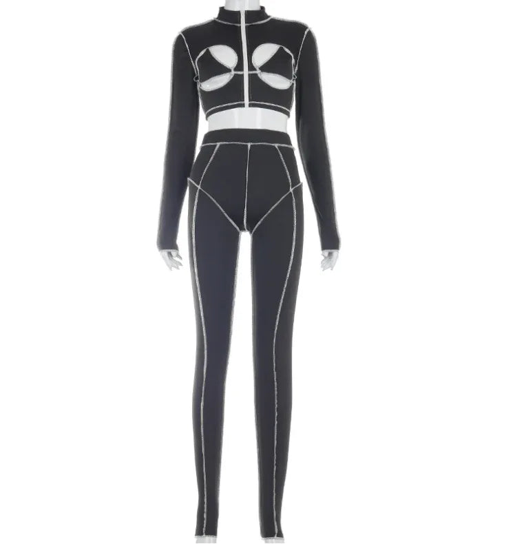 Patchwork Hollow Out Two Piece Set Women Tracksuit Chic Zipper Crop Tops Leggings Co-Ord Striped Undefined Streetwear - Shello's Creative Boutique