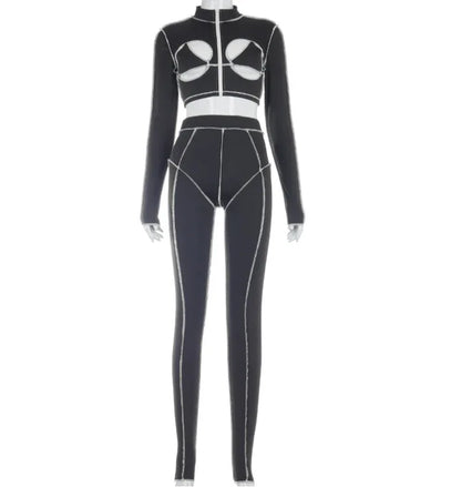 Patchwork Hollow Out Two Piece Set Women Tracksuit Chic Zipper Crop Tops Leggings Co-Ord Striped Undefined Streetwear - Shello's Creative Boutique
