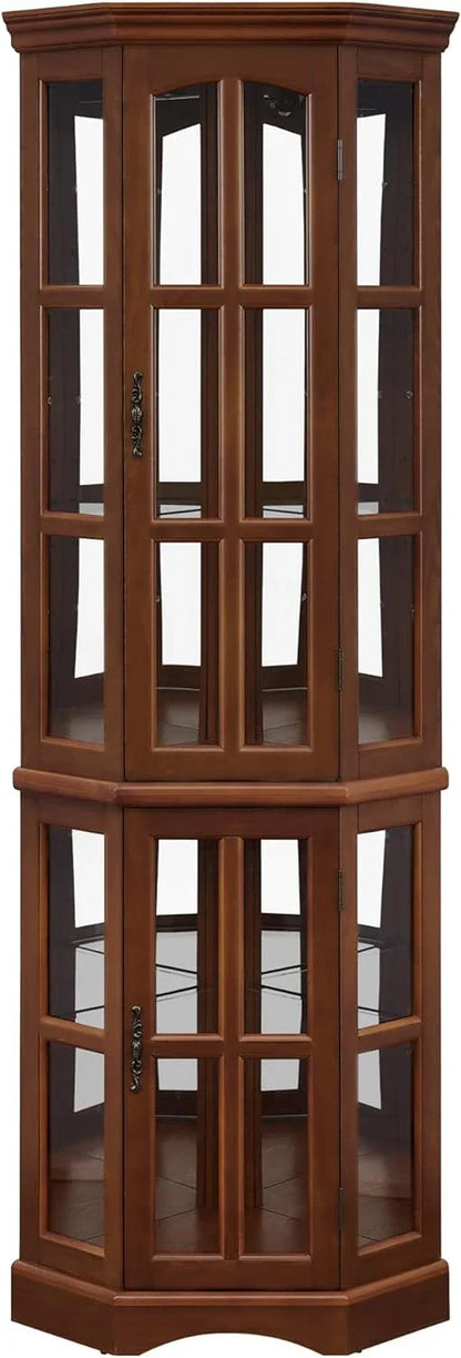 Luxury Corner Curio Cabinet with LED Lighting - 5-Shelf Display Cabinet in Walnut - Shello's Creative Boutique