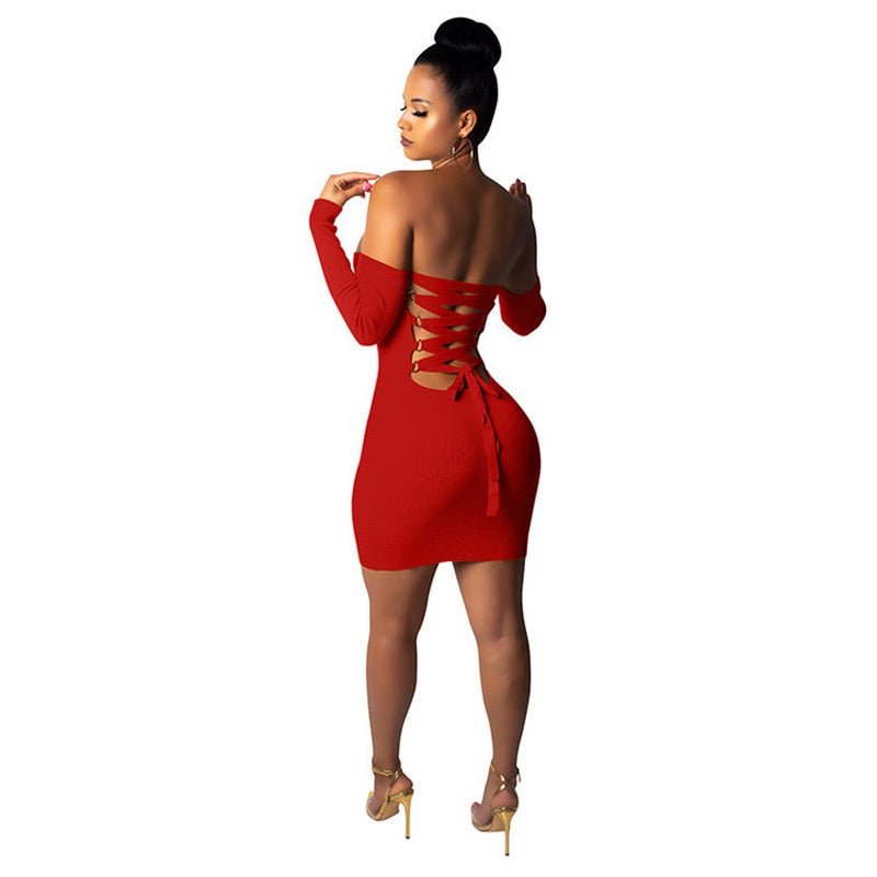 Knitted Long Sleeve Mini Bandage Dress Club Party Winter Off Shoulder Backless Lace Up Bodycon Dresses eprolo