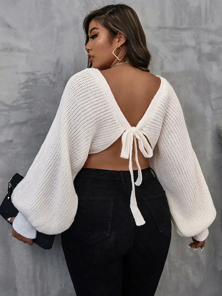 Autumn And Winter New Sexy Hollow Plus Size Women Round Neck Solid Color Knitted Top Loose Sweater - Shello's Creative Boutique
