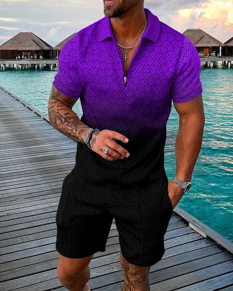 New Men's Fashion Casual Suit 3D Print Zip Short Sleeve Polo Shirt Shorts 2 Piece Set - Shello's Creative Boutique