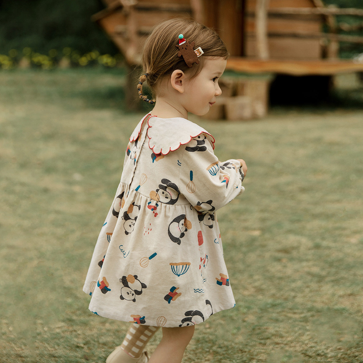 Autumn New Children's Clothing Girls Dress Long-Sleeved Korean Cartoon A-Line Skirt Lace Lapel Corduroy Skirt eprolo