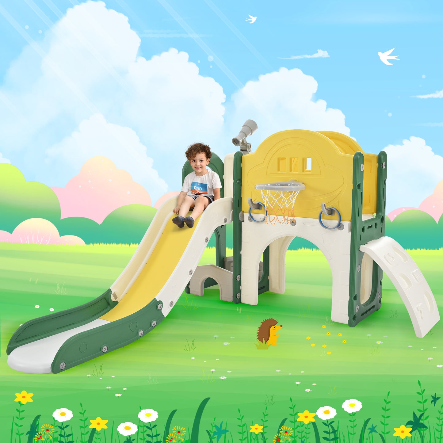 Kids Slide Playset Structure 7 in 1, Freestanding Spaceship Set with Slide, Arch Tunnel Yellow + HDPE eprolo