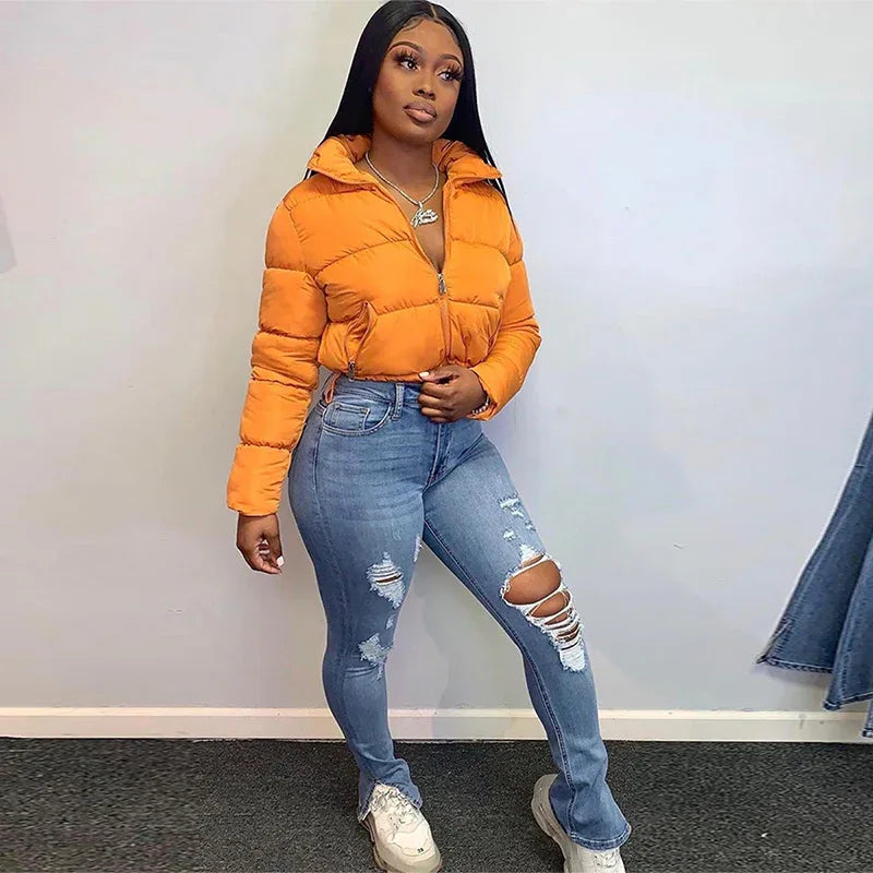 Long Sleeve Zip-Up Parkas Autumn Winter Women Warm Cropped Coats Patchwork Windbreak Outfits - Shello's Creative Boutique