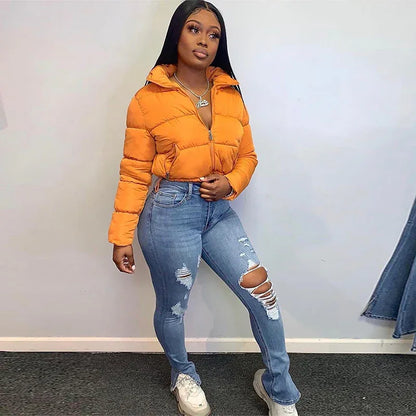 Long Sleeve Zip-Up Parkas Autumn Winter Women Warm Cropped Coats Patchwork Windbreak Outfits - Shello's Creative Boutique
