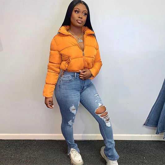 Long Sleeve Zip-Up Parkas Autumn Winter Women Warm Cropped Coats Patchwork Windbreak Outfits - Shello's Creative Boutique