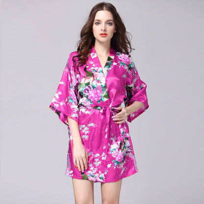 Women Faux Silk Robe Satin Wedding Bride Robe Large Size Sexy Floral Bathrobe Short Nightwear Women Pajamas Kimono eprolo
