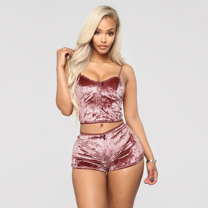 Velvet Tracksuit Sexy V Neck Spaghetti Straps Crop Top + Shorts Fashion Night Club Suits Two Piece Set Outfits eprolo