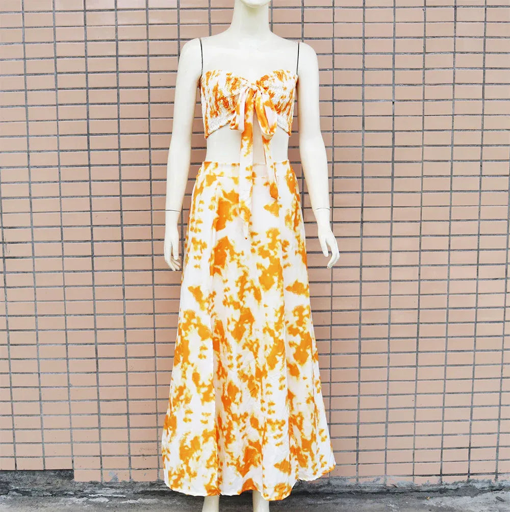 Printed Bandeau Sexy Strapless Crop Tops & Slit Maxi Skirts Set Summer Women Two Piece Set - Shello's Creative Boutique