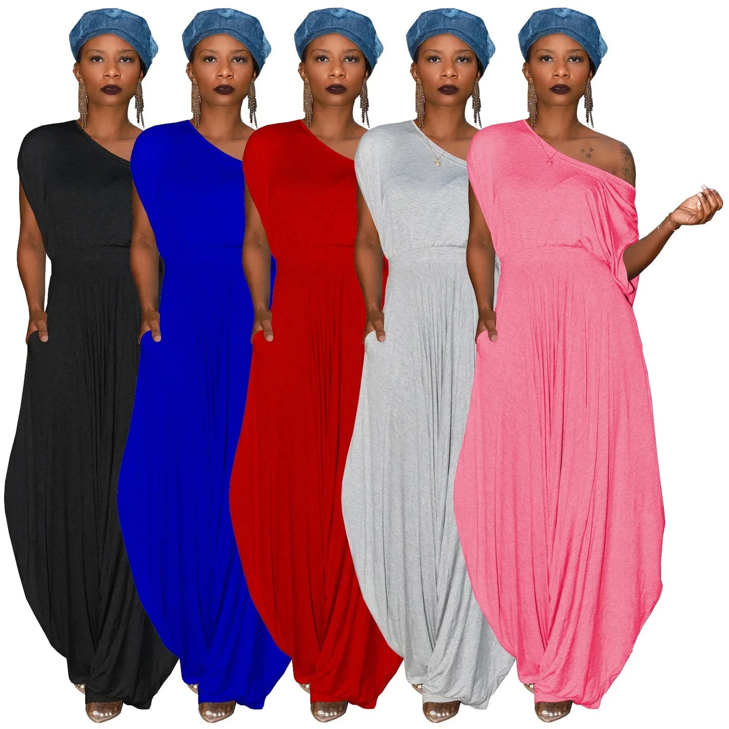 Casual solid color cotton diagonal shoulder Harlan pants set, two-piece set - Shello's Creative Boutique