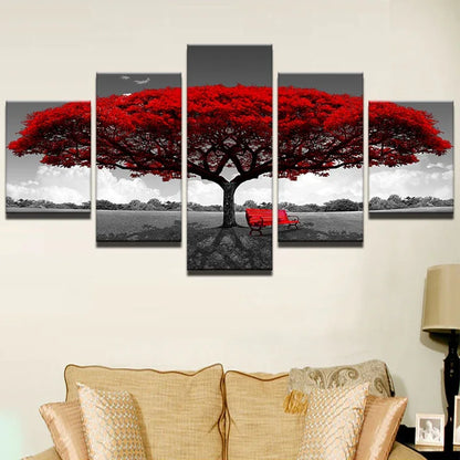 Modular Canvas HD Prints Posters Home Decor Wall Art Pictures 5 Pieces Red Tree Art Scenery Landscape Paintings Framework PENGDA - Shello's Creative Boutique