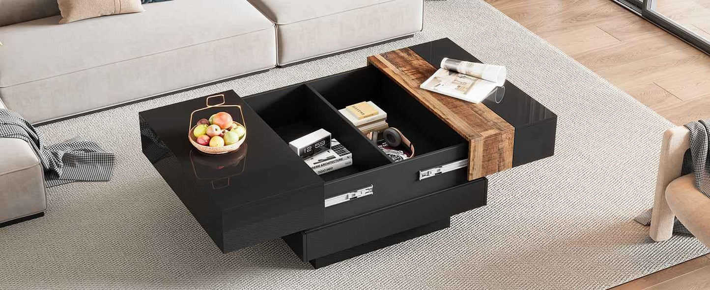 Modern High Gloss Coffee Table - 80cm Square with Sliding Top & Hidden Storage (Black) - Shello's Creative Boutique
