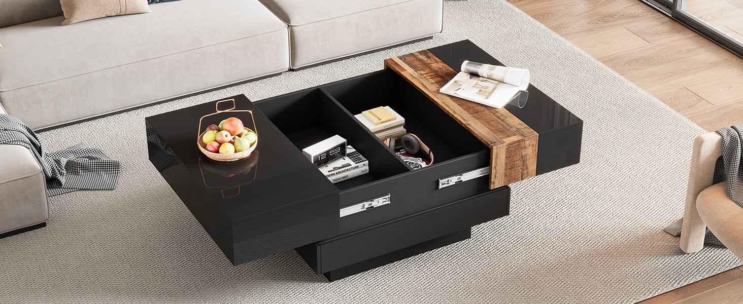 Modern High Gloss Coffee Table - 80cm Square with Sliding Top & Hidden Storage (Black) - Shello's Creative Boutique