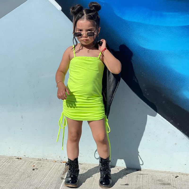 Children's Wear New Ins Wear Girls Sling Drawstring Dress European And American Girls eprolo