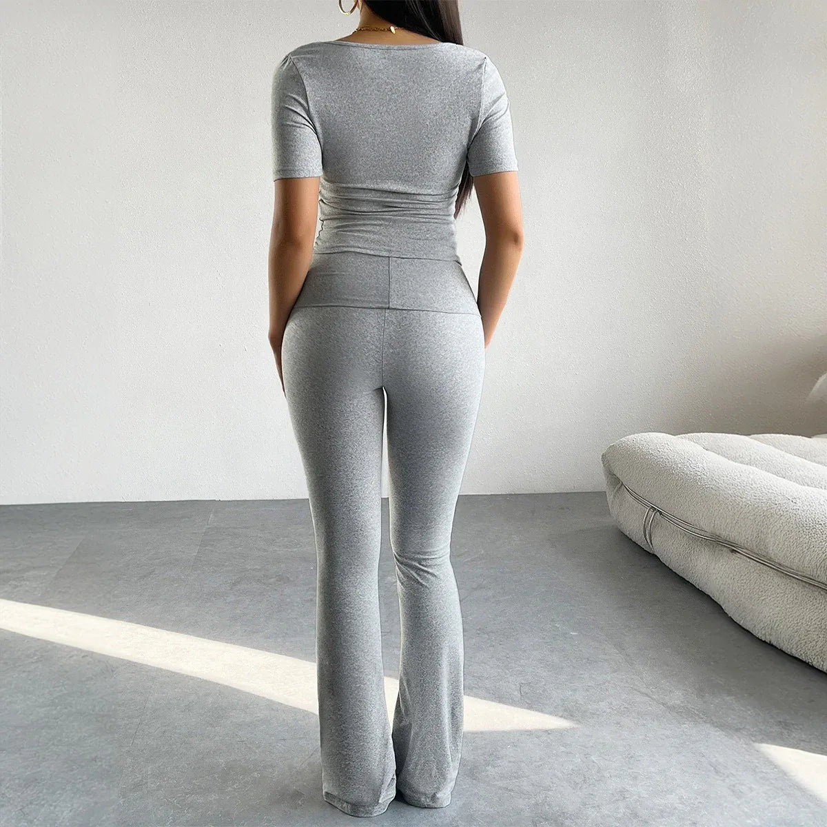 Autumn and winter European and American y2k solid color casual short sleeved T-shirt long pants two-piece set women's clothing - Shello's Creative Boutique