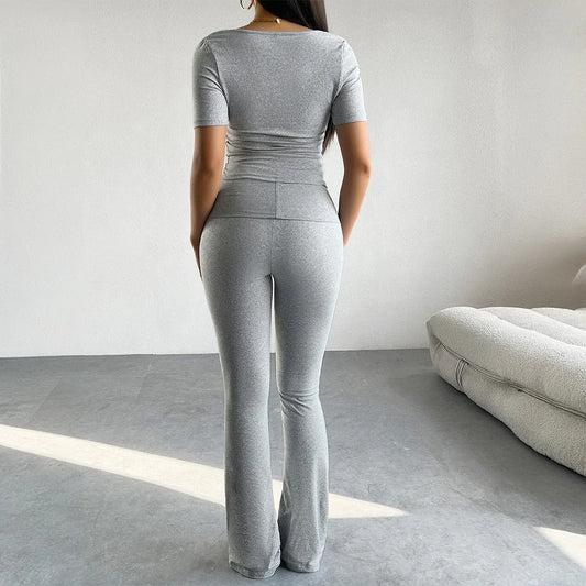 Autumn and winter European and American y2k solid color casual short sleeved T-shirt long pants two-piece set women's clothing - Shello's Creative Boutique
