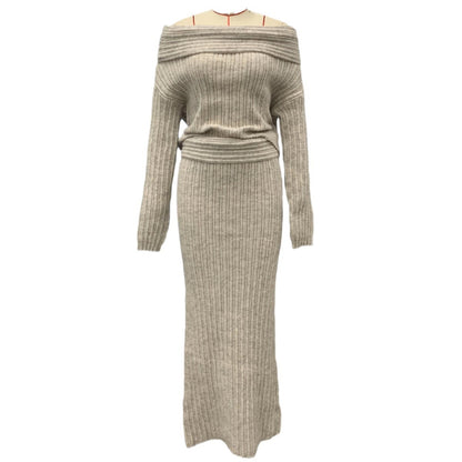 Winter Knitted Two Piece Set for Women Elegant Off Shoulder Sweater Pullover Top Slim Skirt Suit Fashion Office Ladies Outfits eprolo