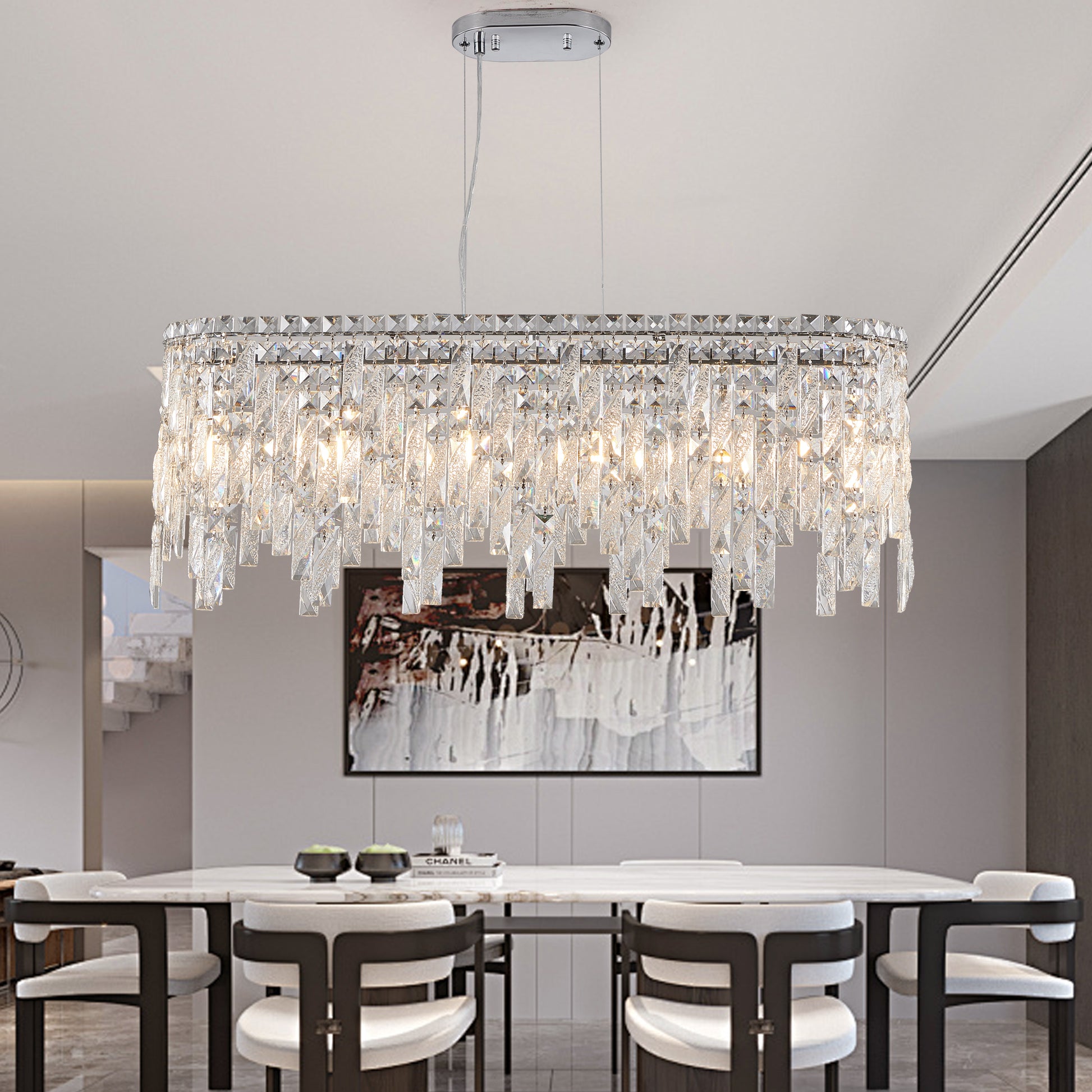Silver elegant oval crystal pendant light, modern ceiling fixture with reflective suspended crystal (bulb not included) eprolo