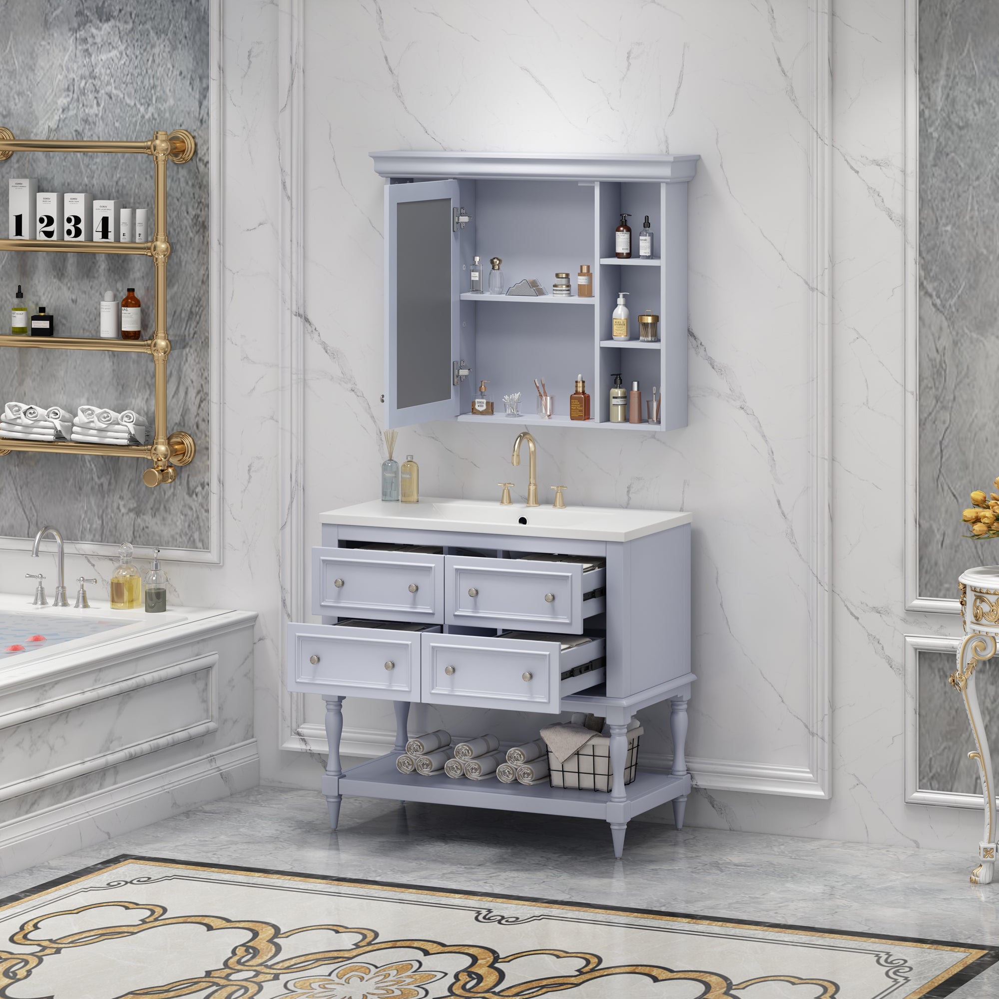 36'' Bathroom Vanity with Medicine Cabinet, Modern Mirror Cabinet with Adjustable Shelf, Bathroom Storage Cabinet with 4 Drawers eprolo