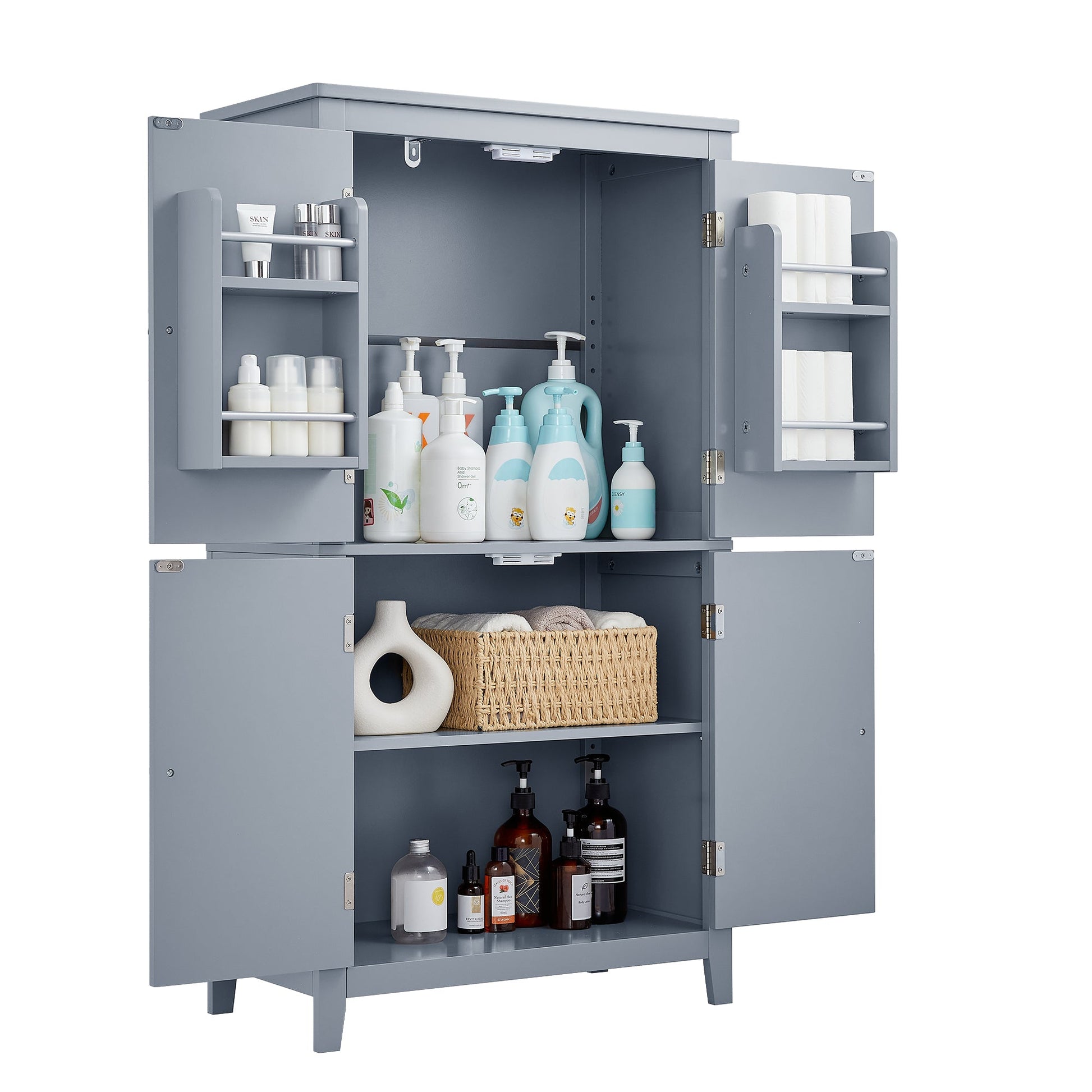 Bathroom floor storage cabinet, bathroom storage cabinet, 4-door independent cabinet, adjustable shelf, adaptive shelf, gray eprolo