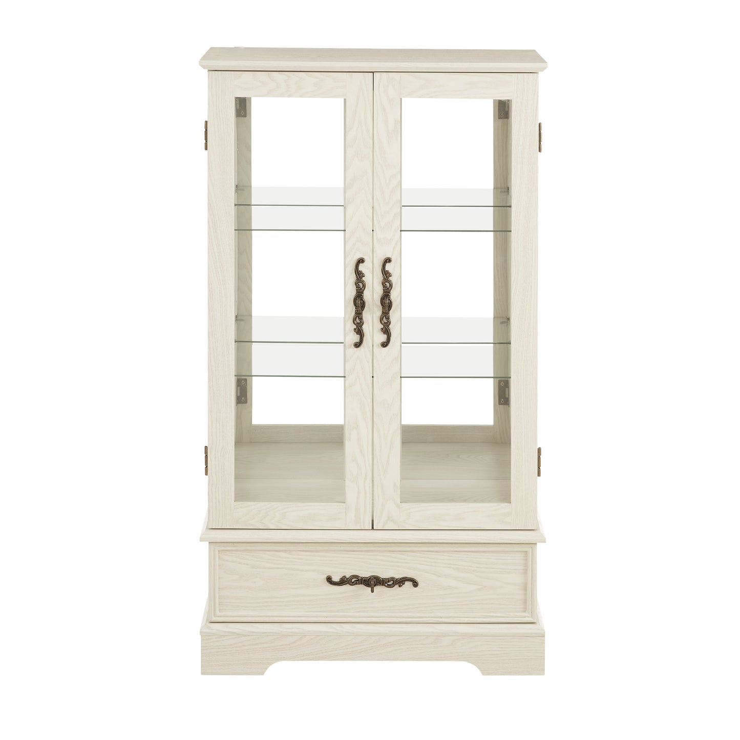 Light colored glass cabinet Curio display cabinet with adjustable glass frame, 2 doors and 1 drawer, including white light bulbs eprolo