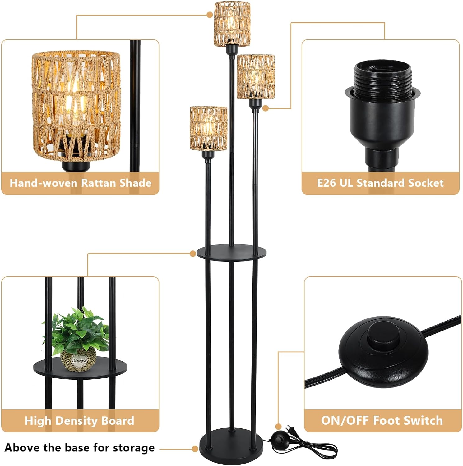 Boho Floor Lamp with Shelves 3-Lights Farmhouse Tall Floor Lamp with ON/OFF Foot Switch Rustic Standing Lamp with Rattan Shades eprolo