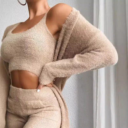 Autumn And Winter Knitted Plush Comfortable Women's Suit Sexy V-neck Short Crop Top Cardigan Sweater Trousers Three-piece Set - Shello's Creative Boutique