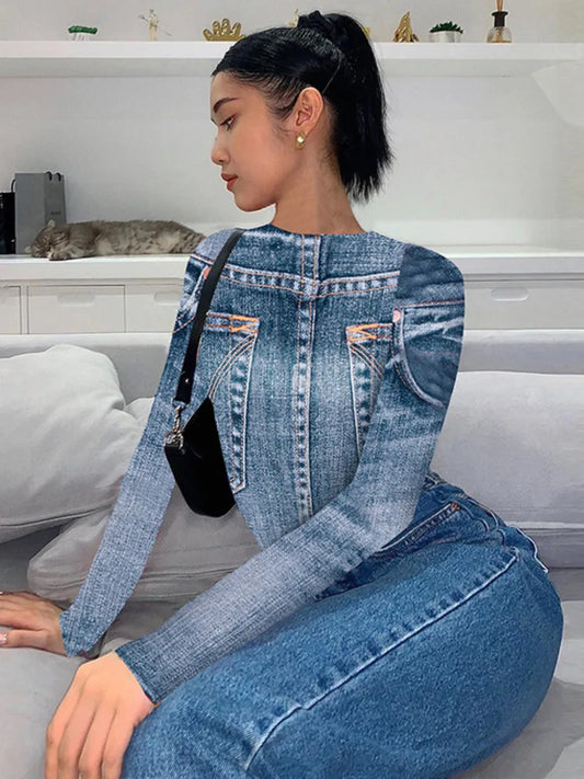 Fashion Personality Printed Design Women Long Sleeve T-shirt Spring New Trendy Street Wear Slim Fit Tops Girl 