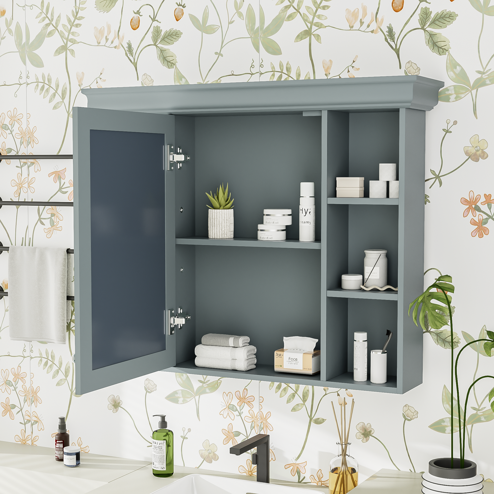 35 ''x 28' 'blue wall mounted bathroom storage cabinet with mirror door and medication cabinet with 6 open shelves eprolo