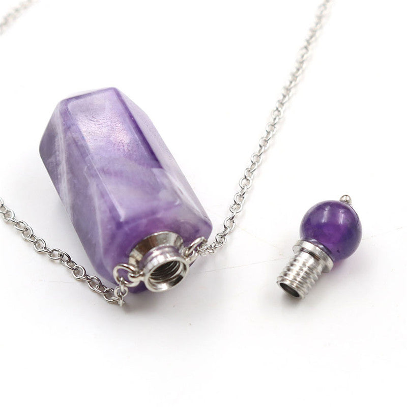 Natural Crystal Hexagonal Perfume Bottle Pendant Necklace  Fluorite Pendant Essential Oil Jar Chain Necklace Shello Creative Boutique
