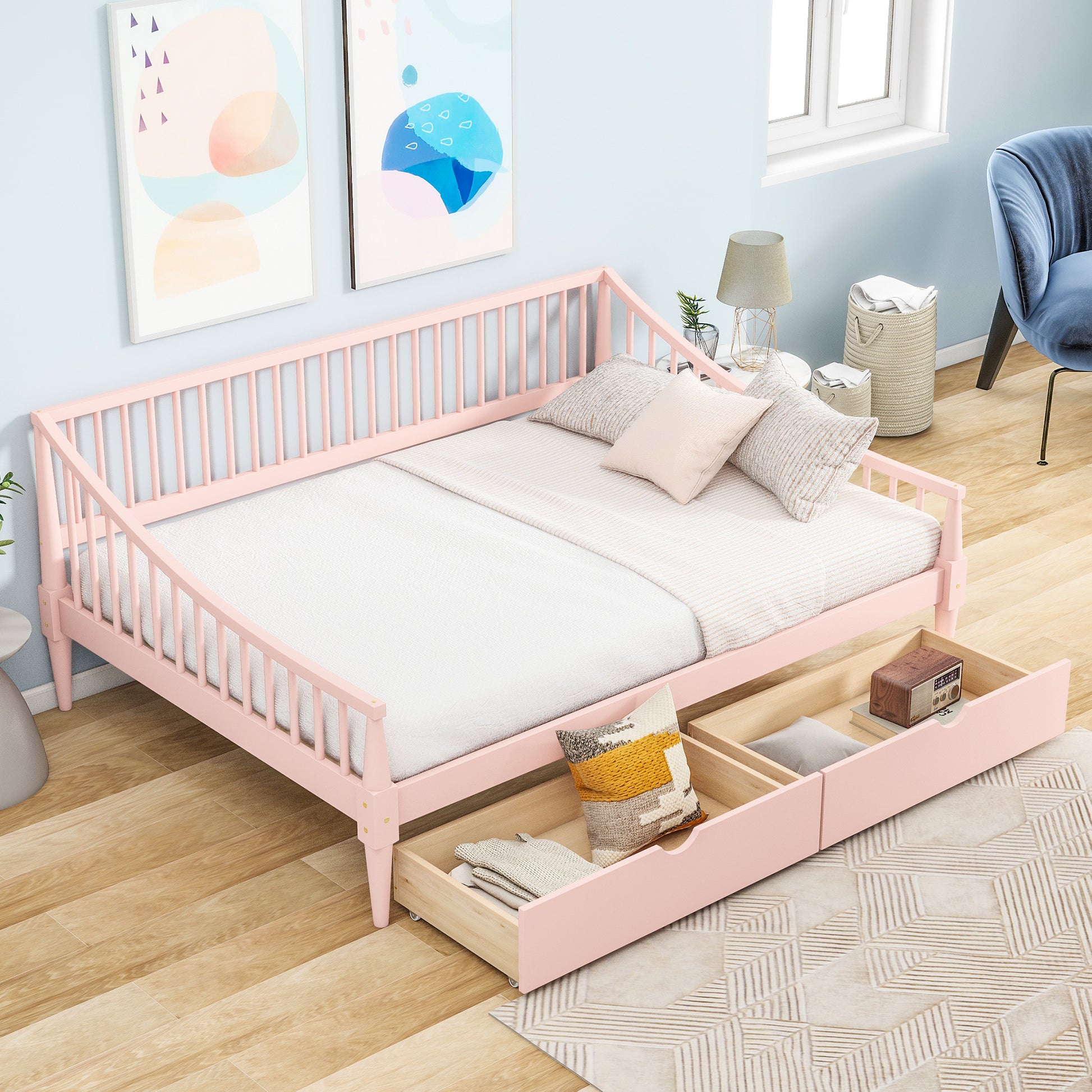 Full Size Daybed with Two Storage Drawers and Support Legs Pink Shello Creative Boutique
