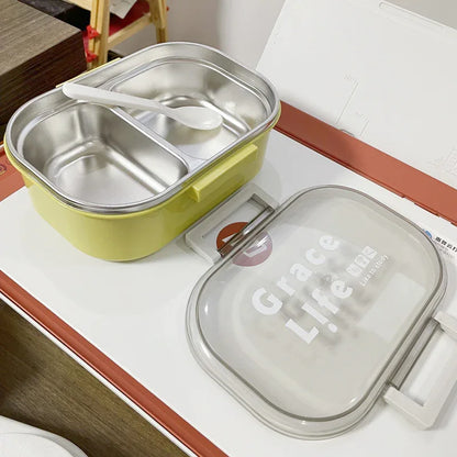 Korean style simple stainless steel two compartment lunch box with cutlery - Shello's Creative Boutique