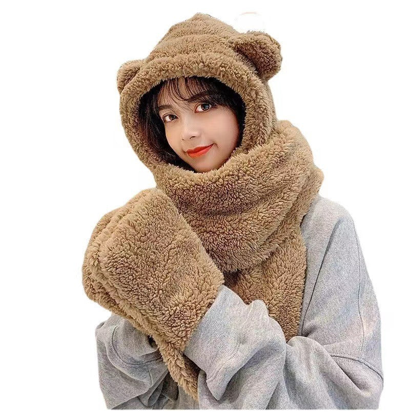 Adorable Bear 3-in-1 Plush Winter Set - Hat, Scarf & Gloves with Heart Details