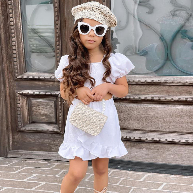 Children's Wear Girls' Suit Ins Style Children's Wear Girls' Lantern Sleeve Short Skirt Two-Piece Set eprolo