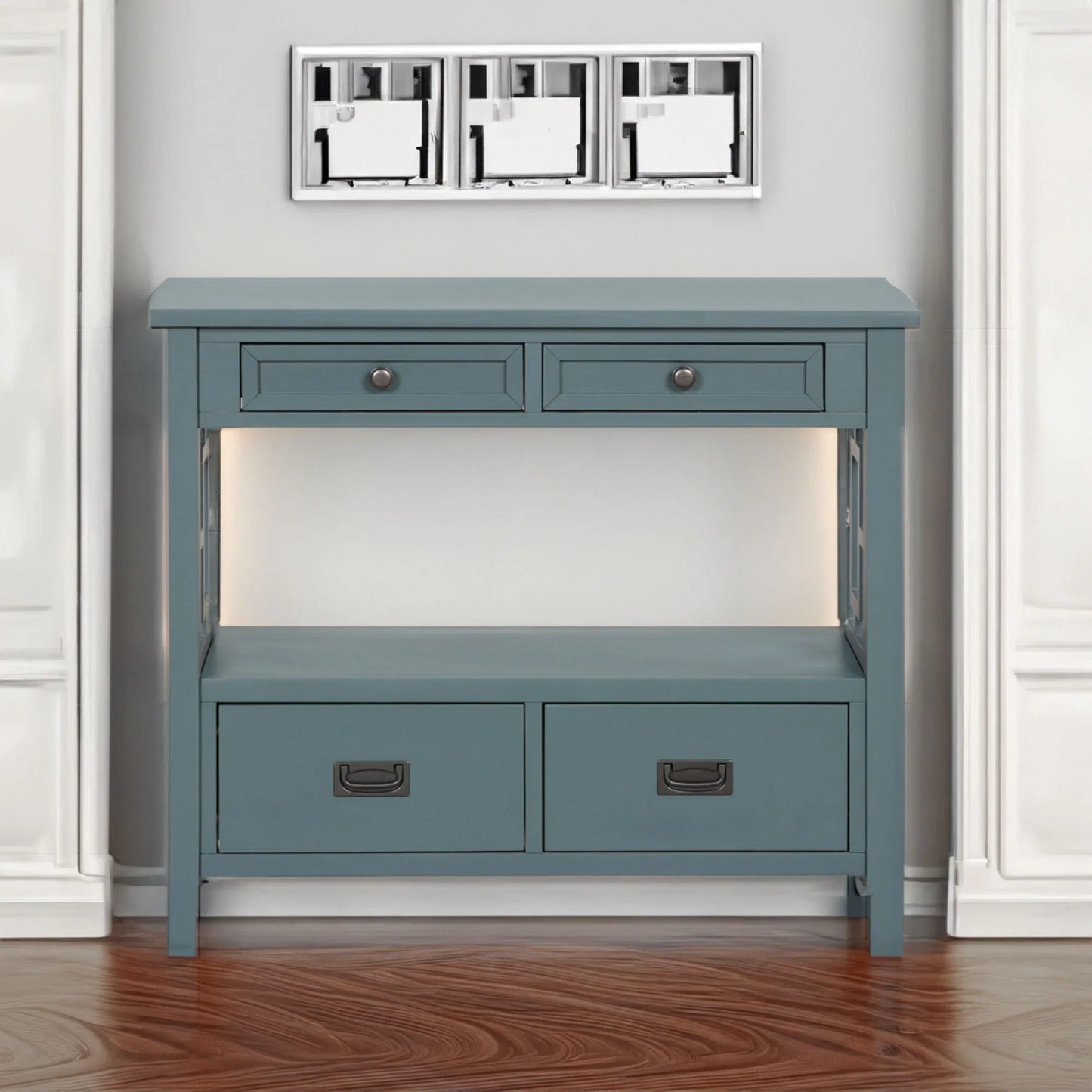 Farmhouse Pine Console Table - 36" Entry Table with 4 Drawers & Storage Shelf in Blue - Shello's Creative Boutique