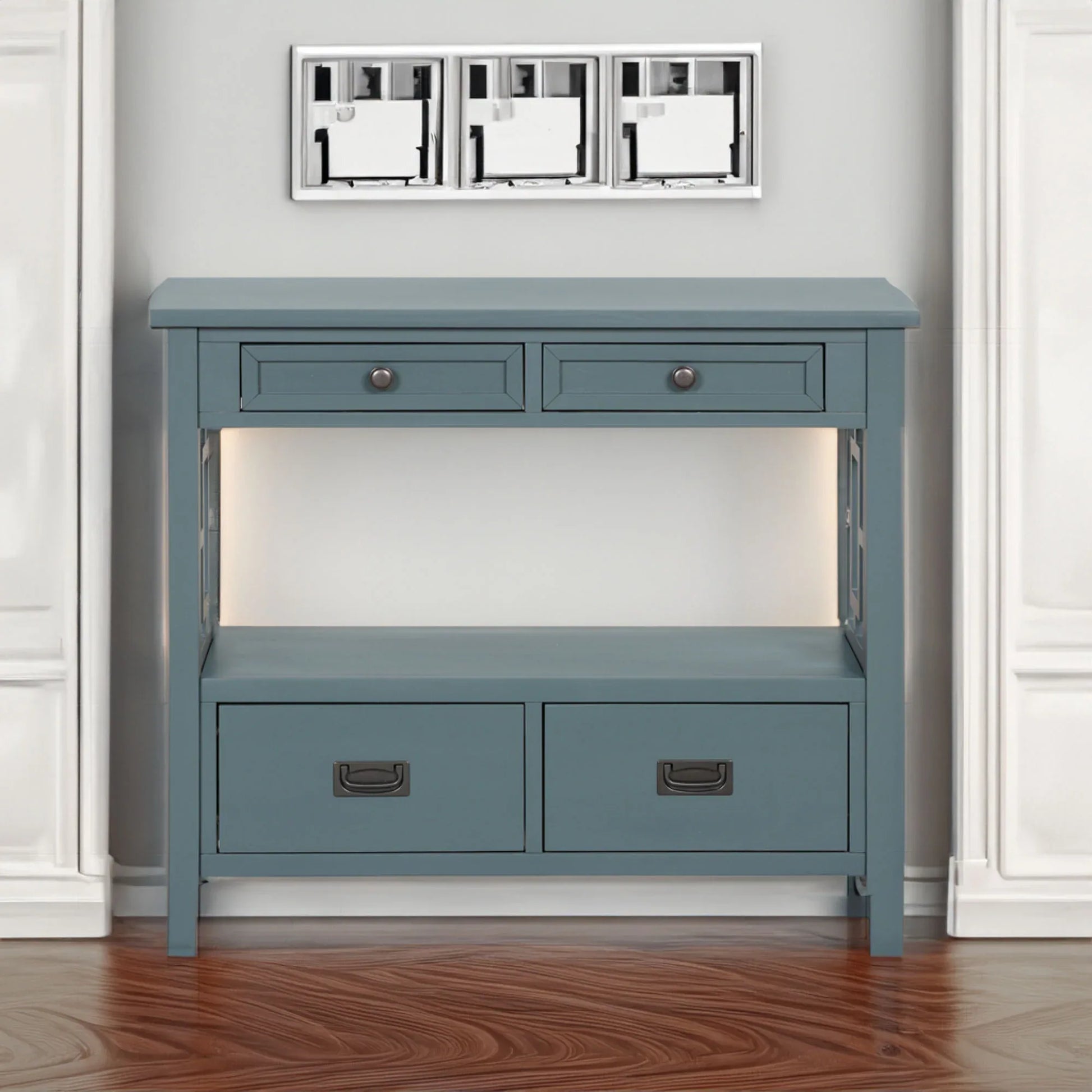 Farmhouse Pine Console Table - 36" Entry Table with 4 Drawers & Storage Shelf in Blue - Shello's Creative Boutique