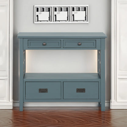 Farmhouse Pine Console Table - 36" Entry Table with 4 Drawers & Storage Shelf in Blue - Shello's Creative Boutique