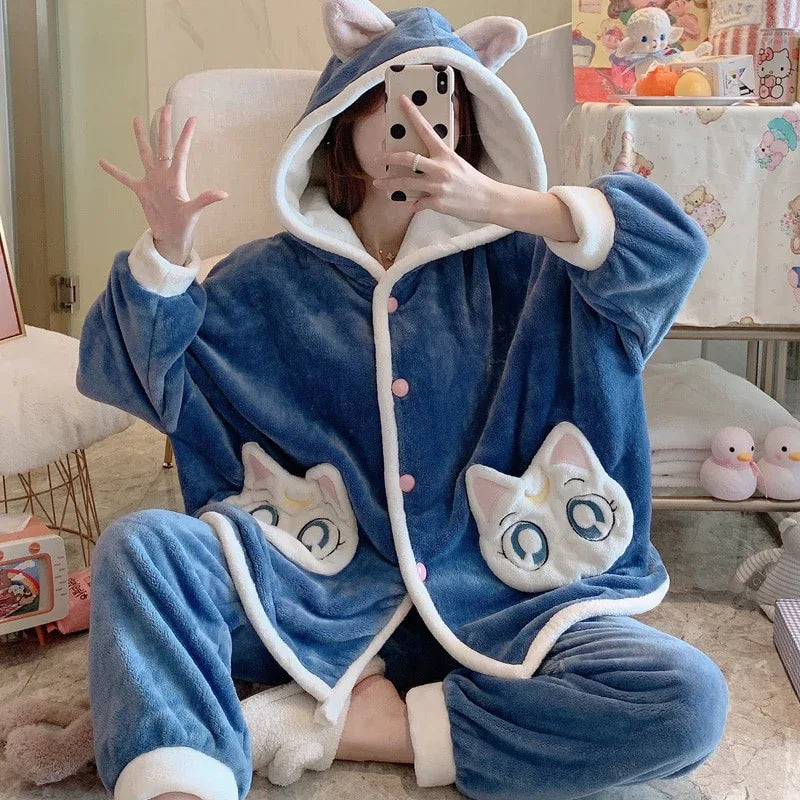 Winter Pajamas Women Sleepwear Plus Size XXXL Flannel Pyjamas Fashion Home Wear Cartoon Hooded Nightgown Coral Velvet Cardigan - Shello's Creative Boutique