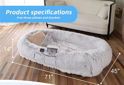 Human dog bed, size 71 inches x 40 inches x 12 inches, washable faux fur dog bed - gray
